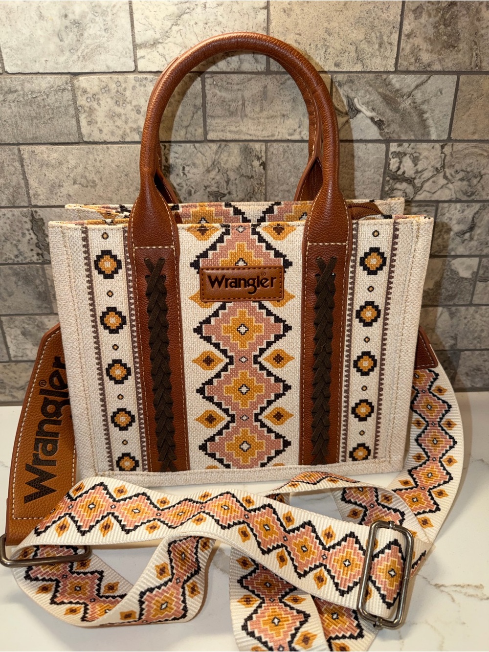 Wrangler Cream, Brown & Pink Embroidered Crossbody Tote